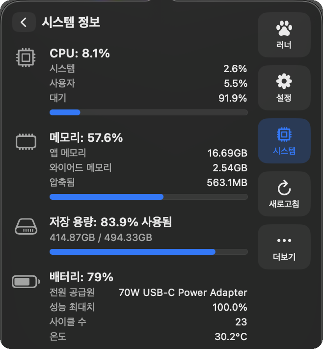 CPU, 메모리, 저장 용량 사용률을 보여주는 RunDog 시스템 정보 패널